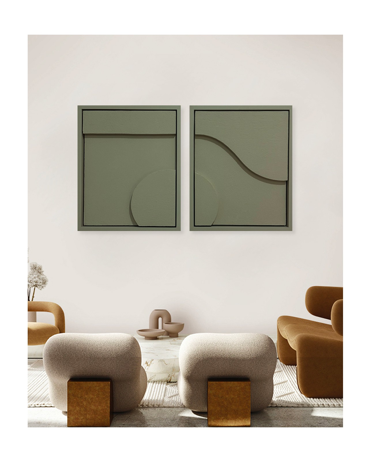 Duo Tableaux Diorama Vert Lichen 95×53 cm